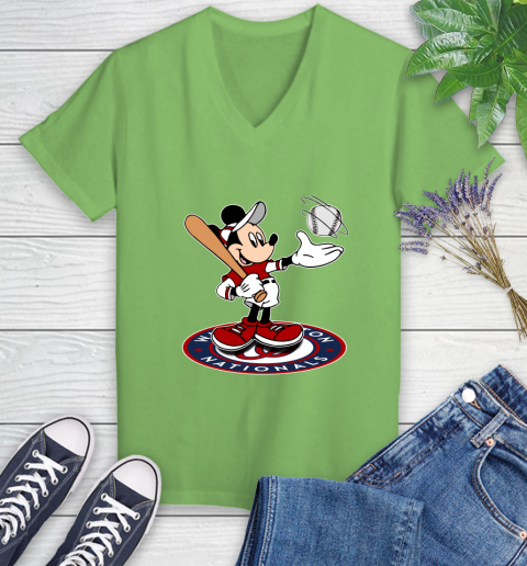 MLB Baseball Washington Nationals Cheerful Mickey Disney Shirt Women's V-Neck T-Shirt 9