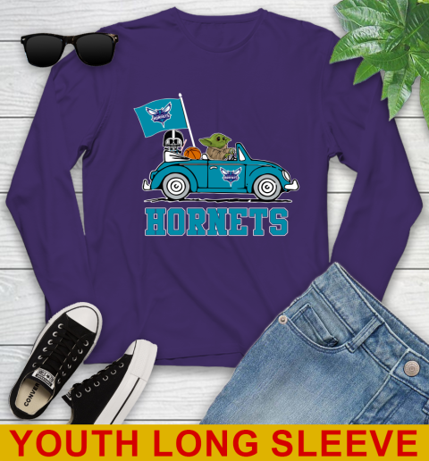 NBA Basketball Charlotte Hornets Darth Vader Baby Yoda Driving Star Wars Shirt Youth Long Sleeve 5