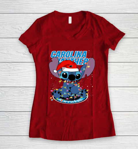 Carolina Panthers NFL Football noel stitch Christmas Women's V-Neck T-Shirt 6