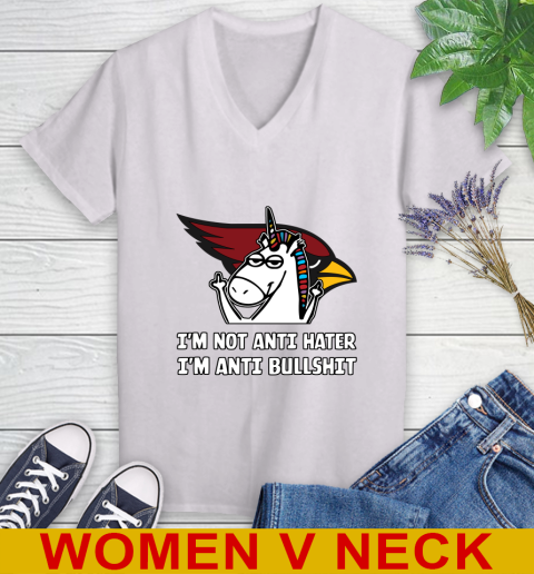 Arizona Cardinals NFL Football Unicorn I'm Not Anti Hater I'm Anti Bullshit Women's V-Neck T-Shirt