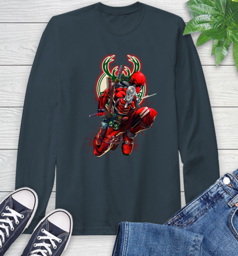 NBA Deadpool Marvel Comics Sports Basketball Milwaukee Bucks Long Sleeve T-Shirt 8