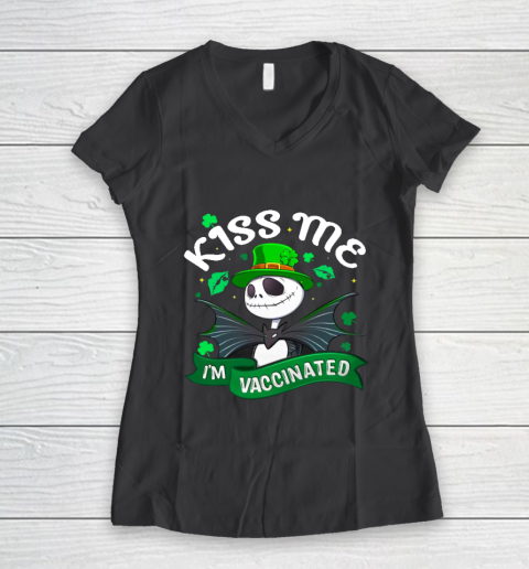 Kiss Me I'm Vaccinated Patrick's Day Jack Skellington Women's V-Neck T-Shirt 6