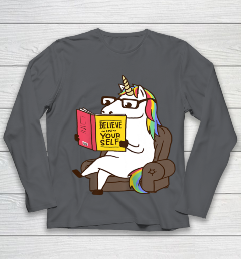 Unicorn Shirt Believe in Yourself Motivational Book Lover Youth Long Sleeve 8