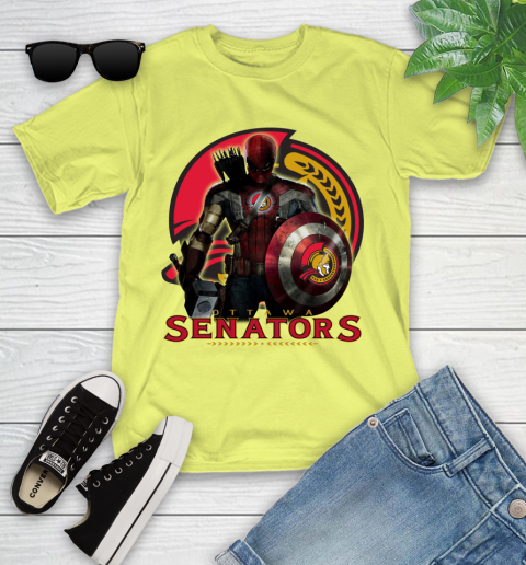 NHL Captain America Thor Spider Man Hawkeye Avengers Endgame Hockey Ottawa Senators Youth T-Shirt 8