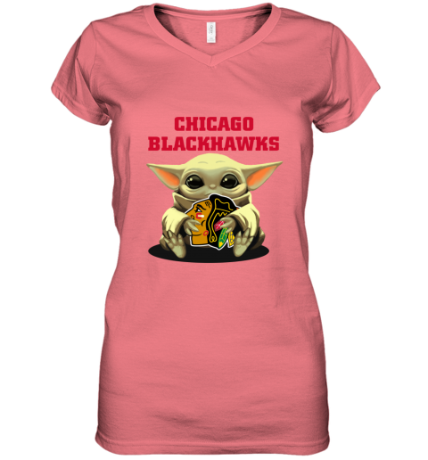 q7jl baby yoda hugs the chicago blackhawks women v neck t shirt 39 front coral