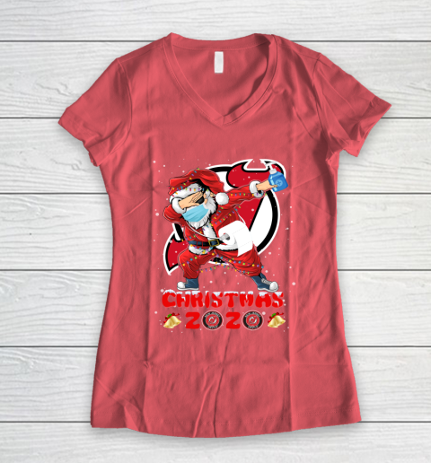 New Jersey Devils Funny Santa Claus Dabbing Christmas 2020 NHL Women's V-Neck T-Shirt 4
