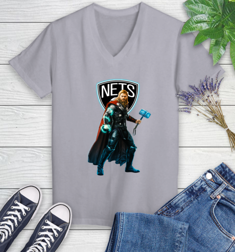 NBA Thor Avengers Endgame Basketball Brooklyn Nets Women's V-Neck T-Shirt 4