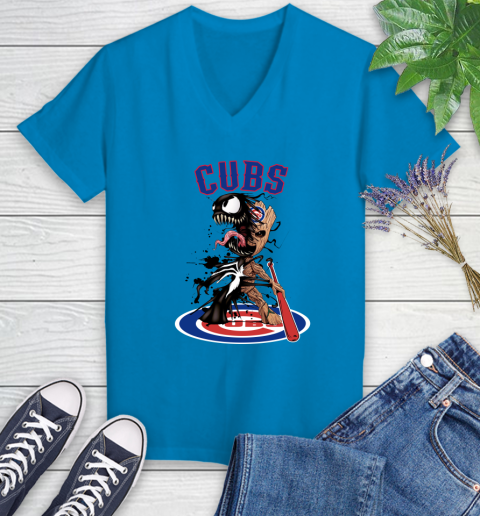 MLB Chicago Cubs Baseball Venom Groot Guardians Of The Galaxy Women's V-Neck T-Shirt 7