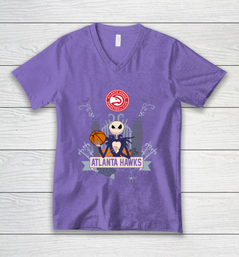 NBA Atlanta Hawks Basketball Jack Skellington Halloween V-Neck T-Shirt 8