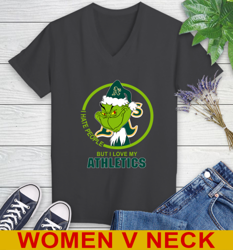 Oakland Athletics MLB Christmas Grinch I Hate People But I Love My Favorite Baseball Team Women's V-Neck T-Shirt 9