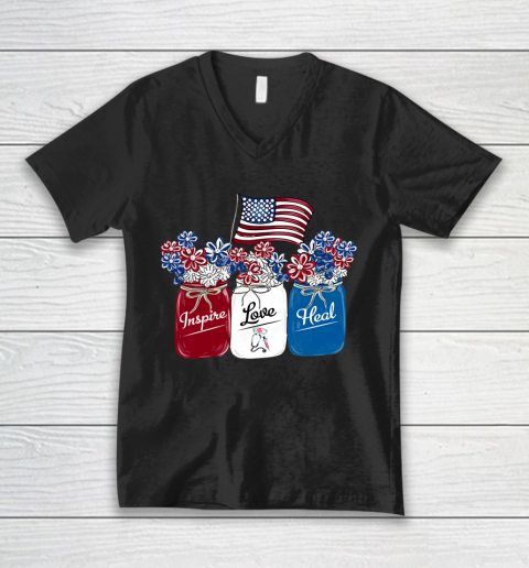 4th Of July Inspire Love Heal Nurse America Flag V-Neck T-Shirt