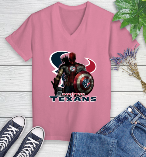 NFL Captain America Thor Spider Man Hawkeye Avengers Endgame Football Houston Texans Women's V-Neck T-Shirt 13