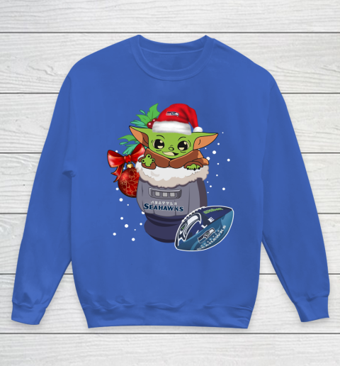 Seattle Seahawks Christmas Baby Yoda Star Wars Funny Happy NFL Youth Sweatshirt 8