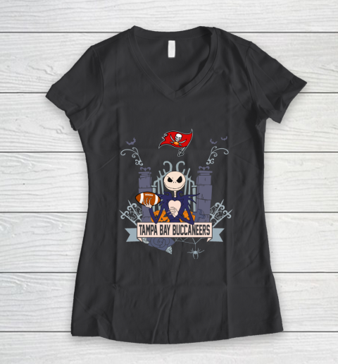 NFL Tampa Bay Buccaneers Football Jack Skellington Halloween Women's V-Neck T-Shirt 6