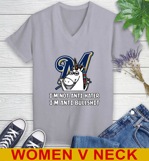 Milwaukee Brewers MLB Baseball Unicorn I'm Not Anti Hater I'm Anti Bullshit Women's V-Neck T-Shirt 5