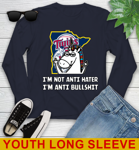 Minnesota Twins MLB Baseball Unicorn I'm Not Anti Hater I'm Anti Bullshit Youth Long Sleeve 3