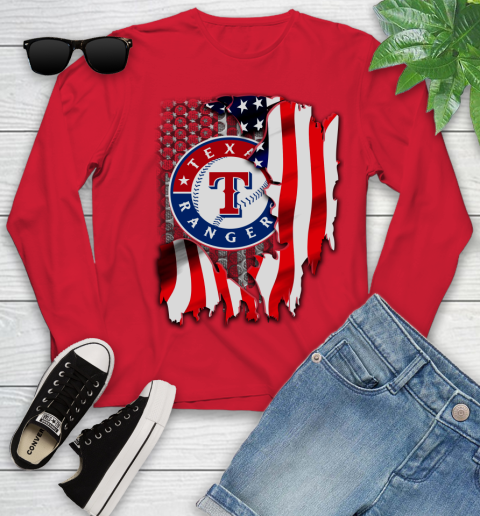 Texas Rangers MLB Baseball American Flag Youth Long Sleeve 11