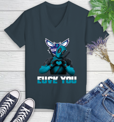 NBA Charlotte Hornets Deadpool Love You Fuck You Basketball Sports Women's V-Neck T-Shirt 8