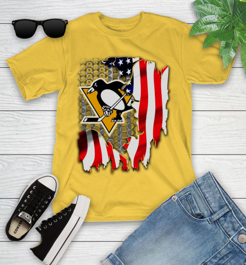 Pittsburgh Penguins NHL Hockey American Flag Youth T Shirt Tee For Sports