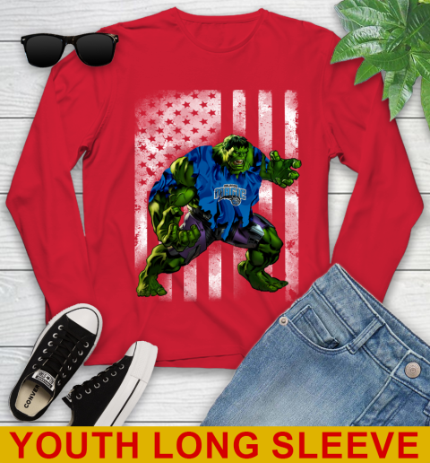 Orlando Magic Hulk Marvel Avengers NBA Basketball American Flag Youth Long Sleeve 11