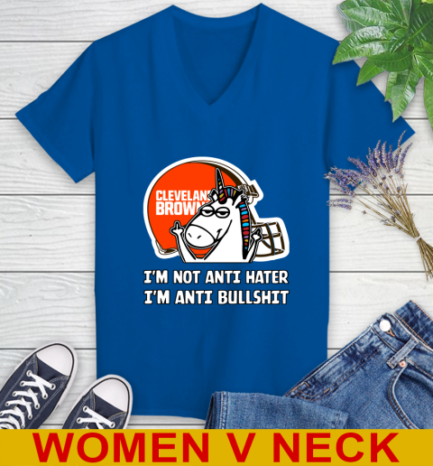 Cleveland Browns NFL Football Unicorn I'm Not Anti Hater I'm Anti Bullshit Women's V-Neck T-Shirt 11