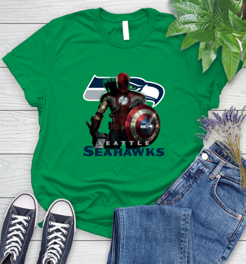 NFL Captain America Thor Spider Man Hawkeye Avengers Endgame Football Seattle Seahawks Women's T-Shirt 6