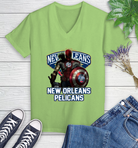 New Orleans Pelicans NBA Basketball Captain America Thor Spider Man Hawkeye Avengers Women's V-Neck T-Shirt 11
