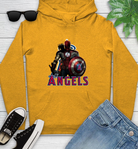 MLB Captain America Thor Spider Man Hawkeye Avengers Endgame Baseball Los Angeles Angels Youth Hoodie 3
