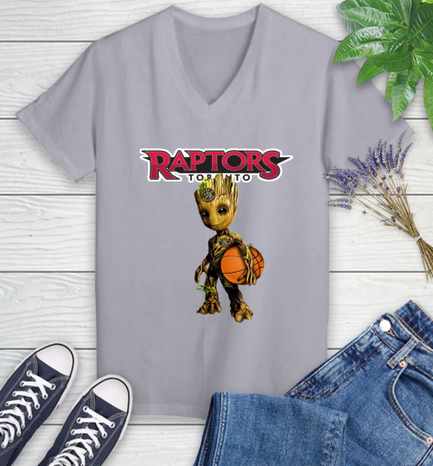 Toronto Raptors NBA Basketball Groot Marvel Guardians Of The Galaxy Women's V-Neck T-Shirt 4