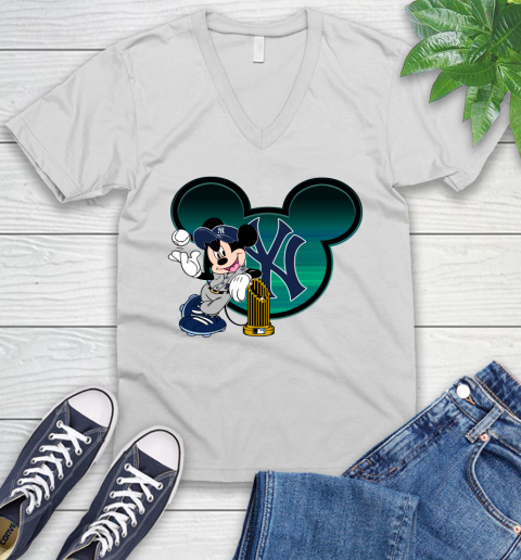 MLB New York Yankees The Commissioner's Trophy Mickey Mouse Disney V-Neck T-Shirt