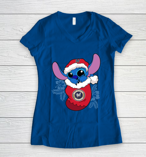 Milwaukee Brewers Christmas Stitch In The Sock Funny Disney MLB Women's V-Neck T-Shirt 9