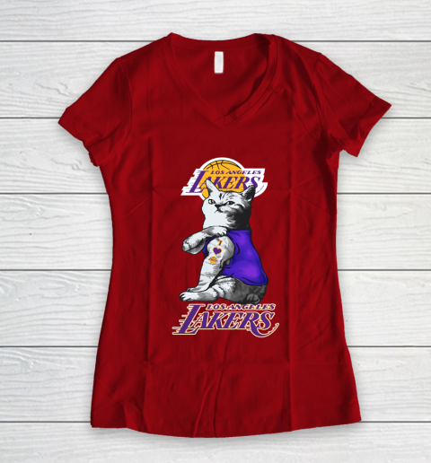 NBA Basketball My Cat Loves Los Angeles Lakers Women's V-Neck T-Shirt 8
