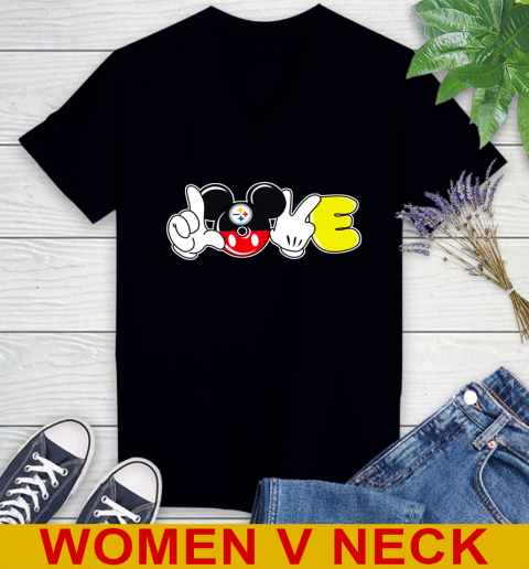 Pittsburgh Steelers NFL Football Love Mickey Disney Sports Women's V-Neck T-Shirt 2