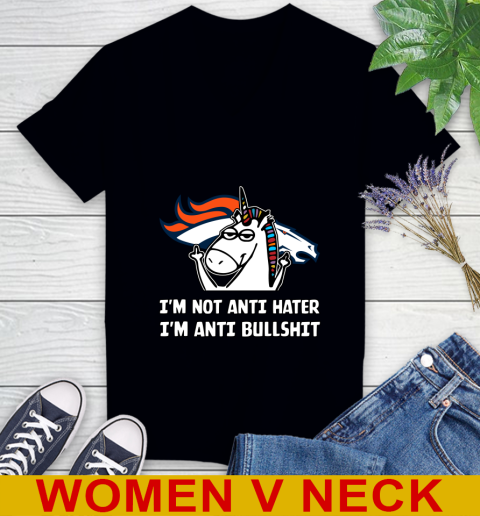 Denver Broncos NFL Football Unicorn I'm Not Anti Hater I'm Anti Bullshit Women's V-Neck T-Shirt 2