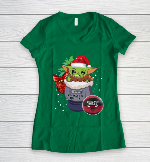 Chicago Bulls Christmas Baby Yoda Star Wars Funny Happy NBA Women's V-Neck T-Shirt 5