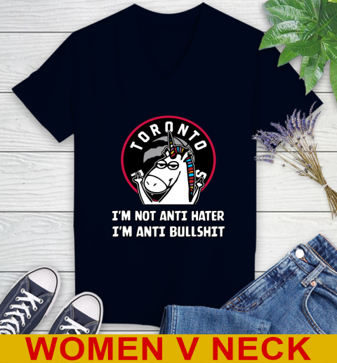 Toronto Raptors NBA Basketball Unicorn I'm Not Anti Hater I'm Anti Bullshit Women's V-Neck T-Shirt 3