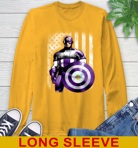 Los Angeles Lakers NBA Basketball Captain America Marvel Avengers American Flag Shirt Long Sleeve T-Shirt 2