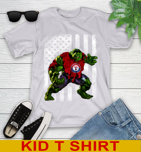 Texas Rangers Hulk Marvel Avengers MLB Baseball American Flag Youth T-Shirt 4