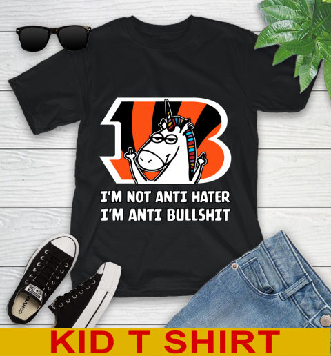 Cincinnati Bengals NFL Football Unicorn I'm Not Anti Hater I'm Anti Bullshit Youth T-Shirt 2
