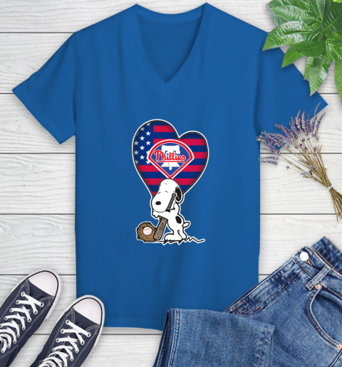 Philadelphia Phillies MLB Baseball The Peanuts Movie Adorable Snoopy Women's V-Neck T-Shirt 10