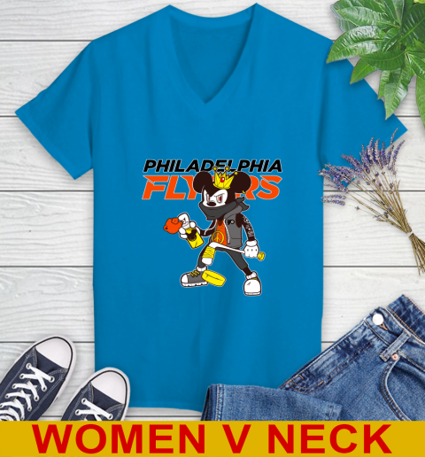 Philadelphia Flyers NHL Hockey Mickey Peace Sign Sports Women's V-Neck T-Shirt 8