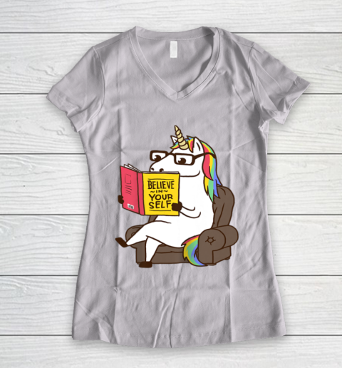 Unicorn Shirt Believe in Yourself Motivational Book Lover Women's V-Neck T-Shirt 2