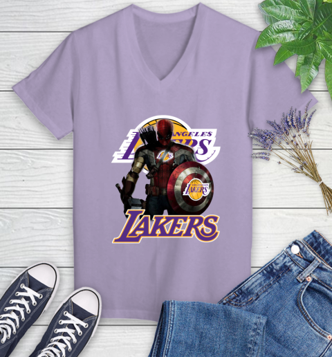 Los Angeles Lakers NBA Basketball Captain America Thor Spider Man Hawkeye Avengers Women's V-Neck T-Shirt 14