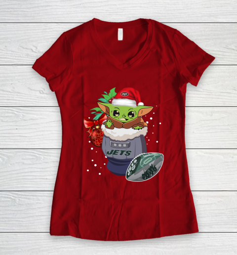 New York Jets Christmas Baby Yoda Star Wars Funny Happy NFL Women's V-Neck T-Shirt 10