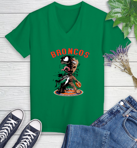 NFL Denver Broncos Football Venom Groot Guardians Of The Galaxy Women's V-Neck T-Shirt 5