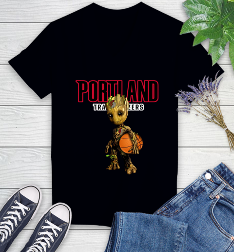 Portland Trail Blazers NBA Basketball Groot Marvel Guardians Of The Galaxy Women's V-Neck T-Shirt 2