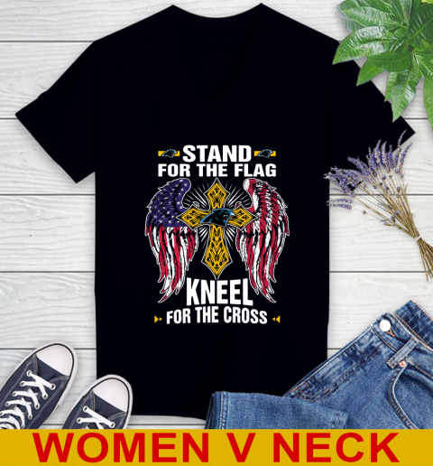 NFL Football Carolina Panthers Stand For Flag Kneel For The Cross Shirt Women's V-Neck T-Shirt