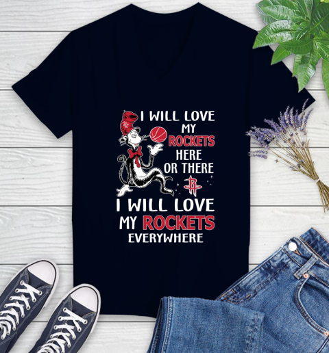 NBA Basketball Houston Rockets I Will Love My Rockets Everywhere Dr Seuss Shirt Women's V-Neck T-Shirt 2