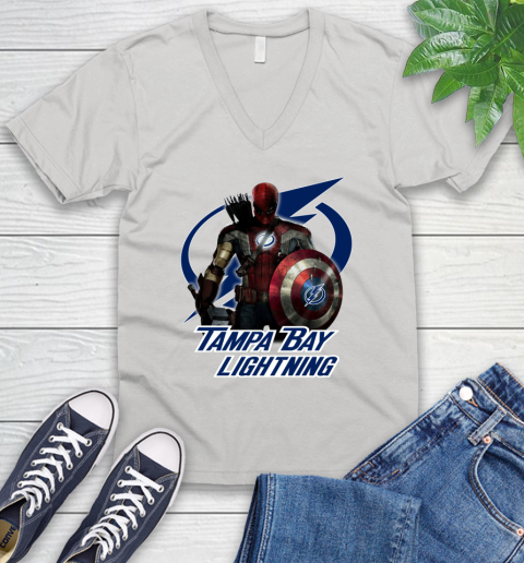 NHL Captain America Thor Spider Man Hawkeye Avengers Endgame Hockey Tampa Bay Lightning V-Neck T-Shirt