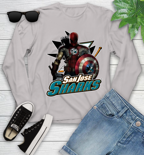 NHL Captain America Thor Spider Man Hawkeye Avengers Endgame Hockey San Jose Sharks Youth Long Sleeve 12